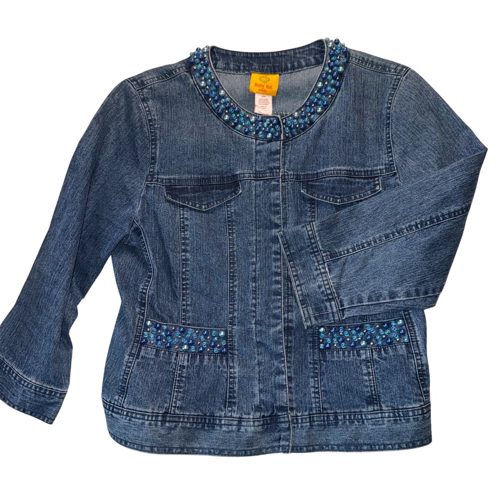 Ruby Rd Petite Embellished Denim Jacket Blue‎ Sparkle Button Front Women's Sz 10